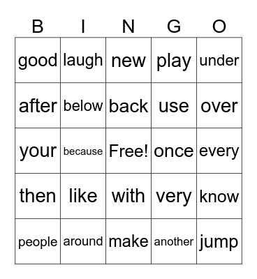 High Frequency Bingo Card