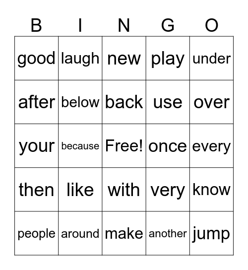 High Frequency Bingo Card