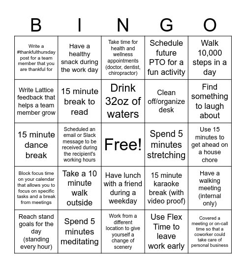 Managing Wellness Bingo Card