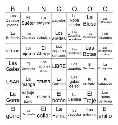 ROPA ESPANOL 2 ASEC Bingo Card