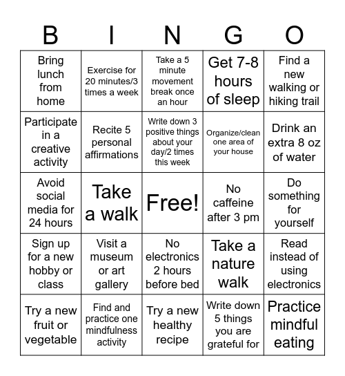 Wellness BINGO Week 2 Bingo Card