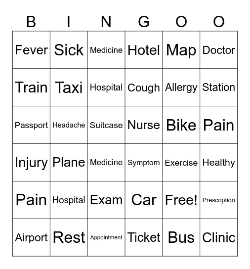 Travel and Doctor Bingo Card