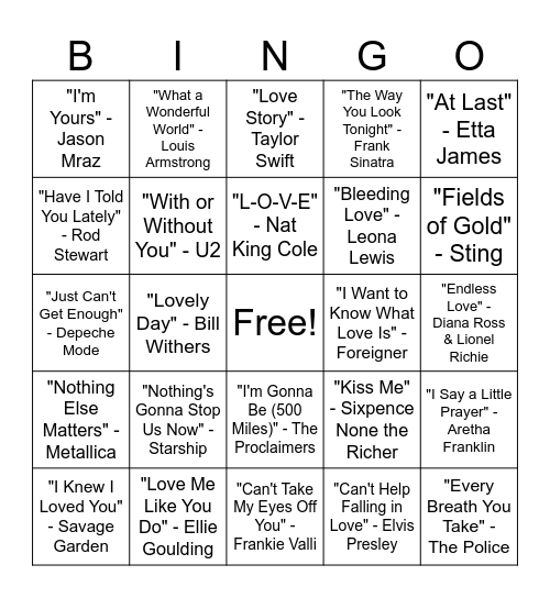 FAMOUS LOVE SONGS Bingo Card
