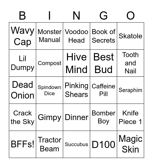 eye sack item bingo Card