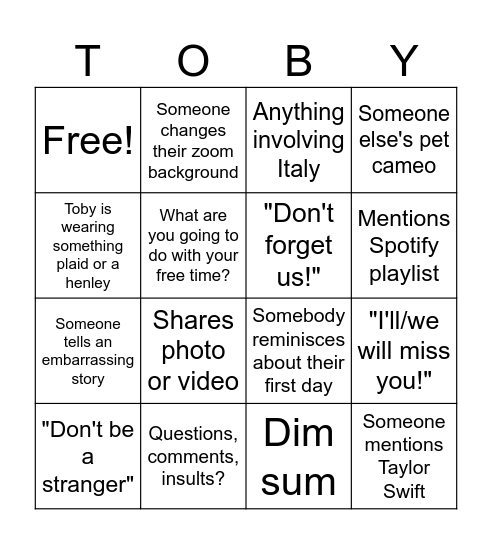 Ciao, Toby! Bingo Card