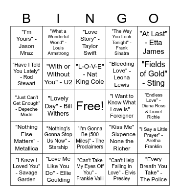 FAMOUS LOVE SONGS Bingo Card