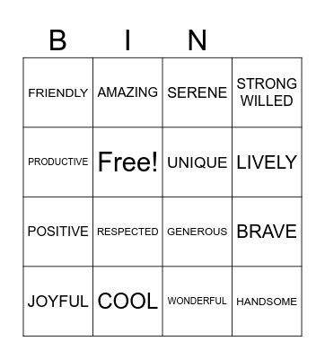 Positive Words Bingo Card