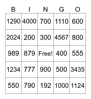 Spanish Numbers Above 100 Bingo Card
