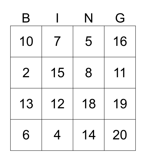 Numbers 1 - 20 Bingo Card