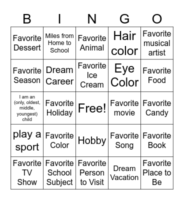 Favorites Bingo Card