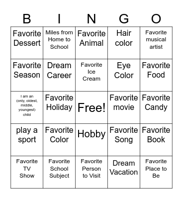 Favorites Bingo Card