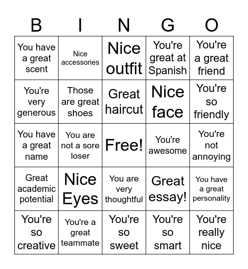 Nice Bingo Card