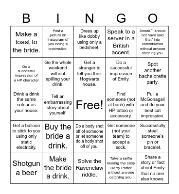 Emily's Bachelorette Bingo Card