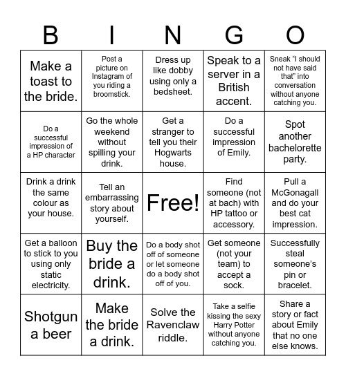 Emily's Bachelorette Bingo Card