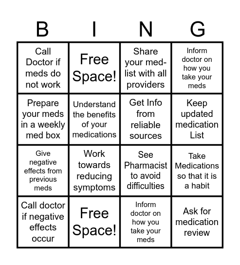 Manage Your Medications Bingo Card