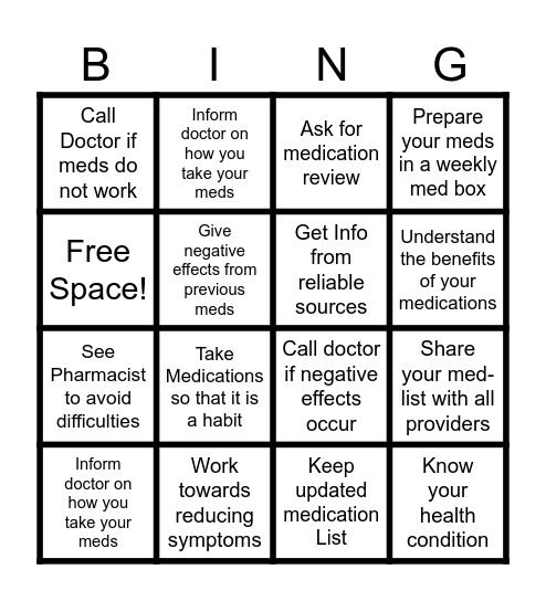 Manage Your Medications Bingo Card