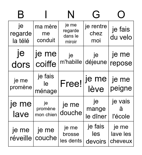 Les verbes reflechis Bingo Card