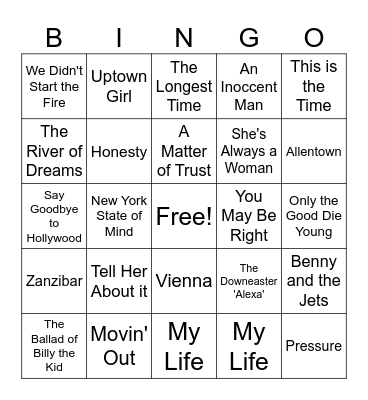 Billy Joel Songs Bingo Card