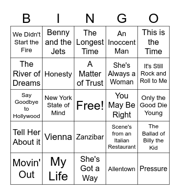 Billy Joel Songs Bingo Card