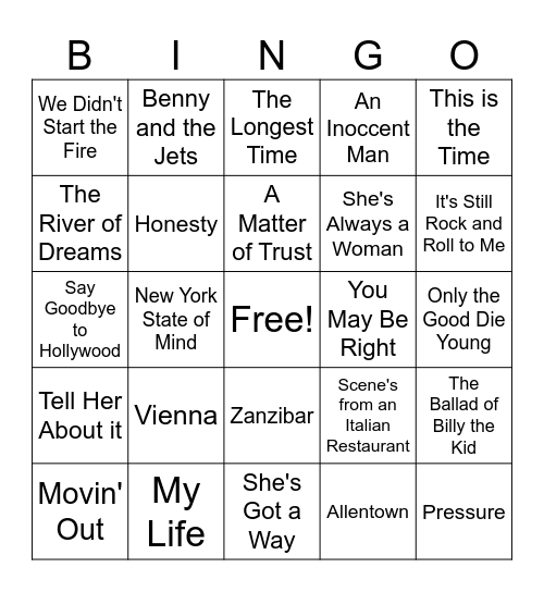 Billy Joel Songs Bingo Card