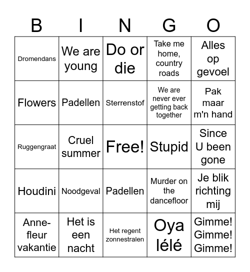 Muziekbingo eerstejaarsdag Bingo Card