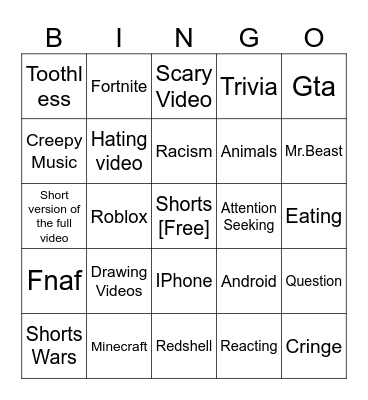 Shorts Bingo Card