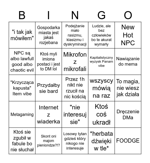 DnDont Bingo Card