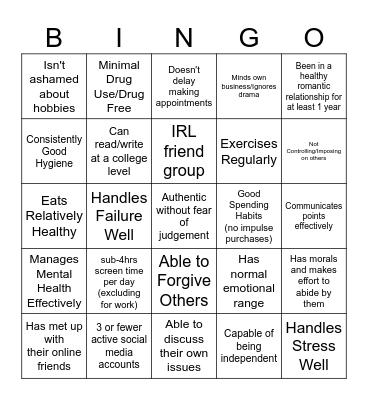 Healthy/Normal Bingo Card