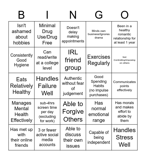 Healthy/Normal Bingo Card