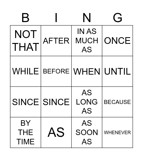 TIME AND CAUSE CONNECTORS Bingo Card
