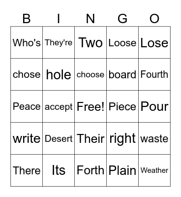 Commonly Confused Word Bingo Card