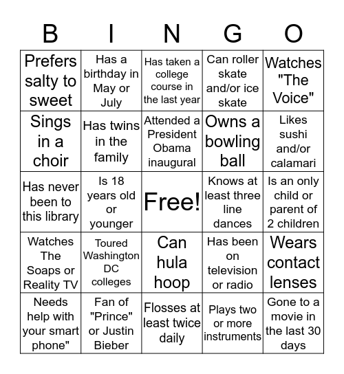 Cleveland Section NCNW People Bingo 6/14/16 Bingo Card