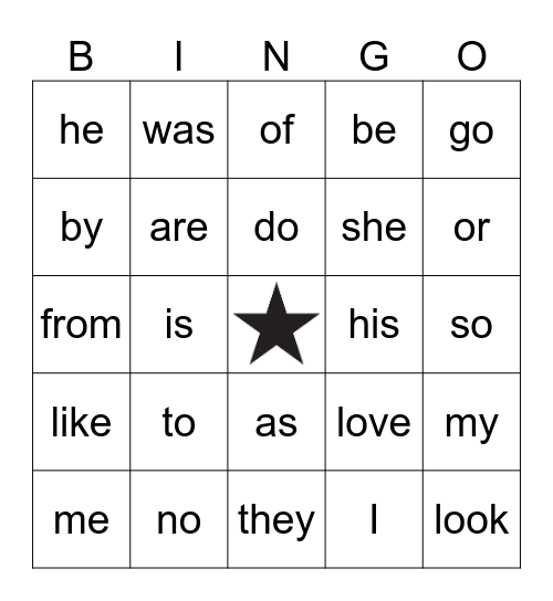 Kindergarten Sight Word BINGO Card