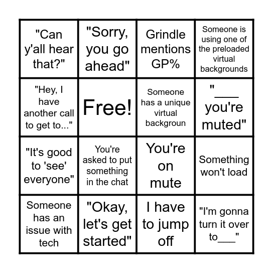 Zoom Meeting BINGO Card