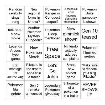 Pokemon Direct Bingo Card