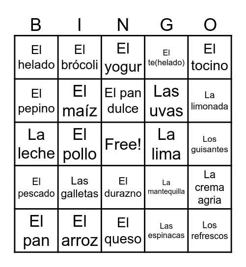 Vocabulario Bingo Card