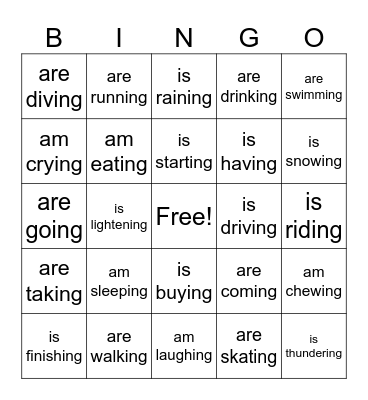 Using Present Continuous Verbs Bingo Card