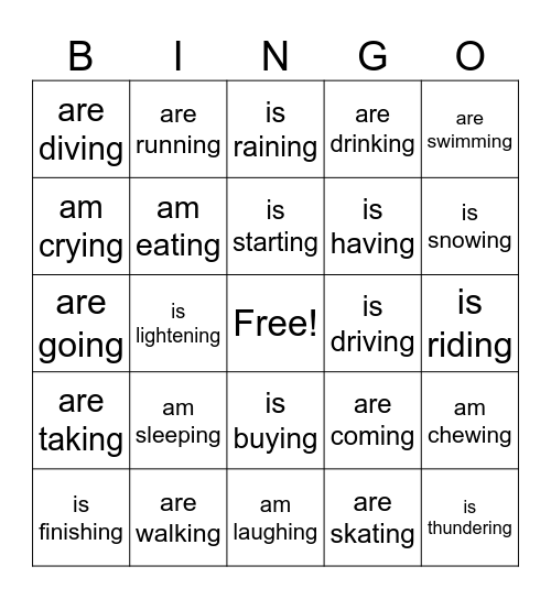 Using Present Continuous Verbs Bingo Card