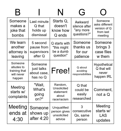 Monday Meeting Bingo Card