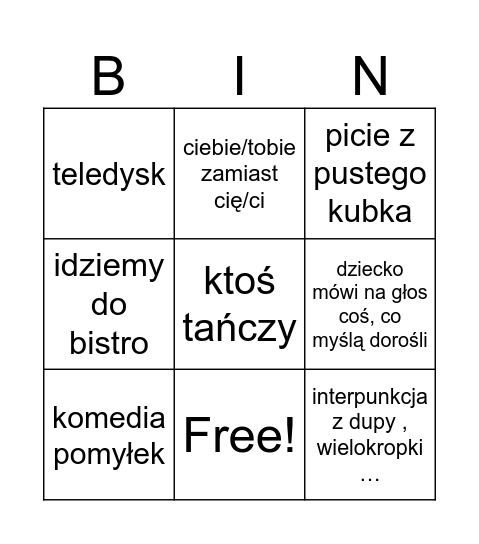 bingo ogólne Bingo Card