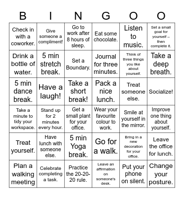 Self-Care at BBBSO Bingo Card