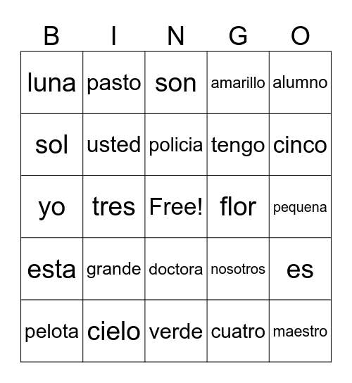 Spanish Vocabulary 1.3 Bingo Card