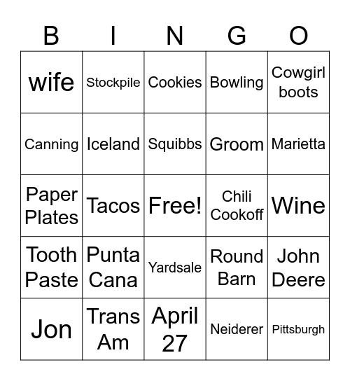 Bridal Shower Bingo Card