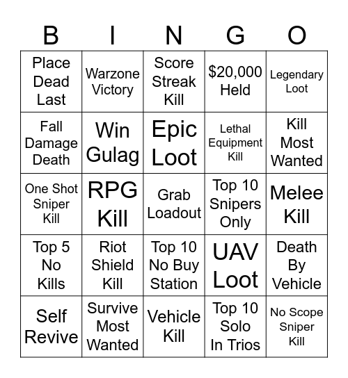 Warzone Bingo Card