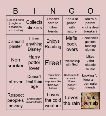 Pen Pal Bingo Card