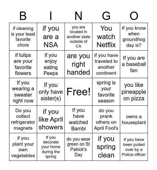 Spring Bingo Card