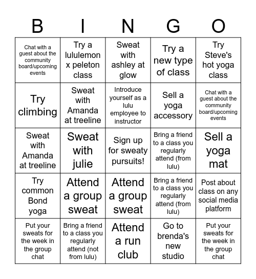 Sweaty Bingo Card