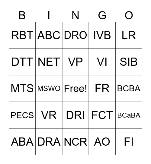 RBT Acronyms Bingo Card