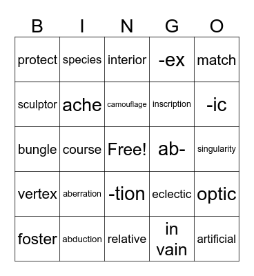 Vocabulary Words Bingo Card