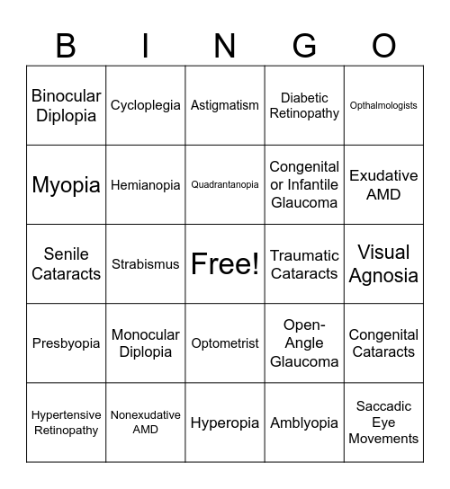 Disorders of Visual Function Bingo Card